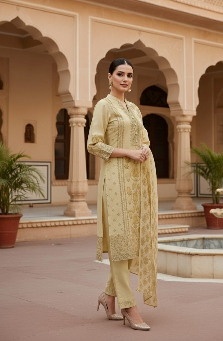pale yellow suit with pant matching dupatta