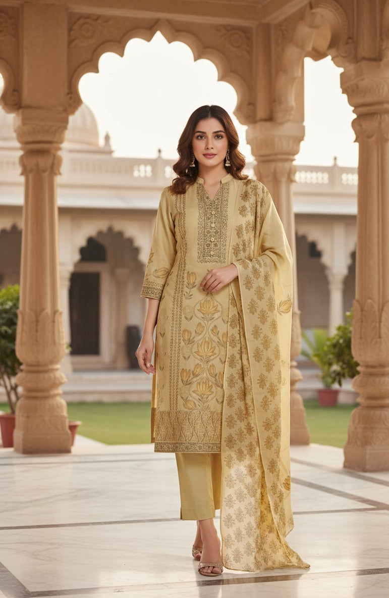 pale yellow suit with pant matching dupatta
