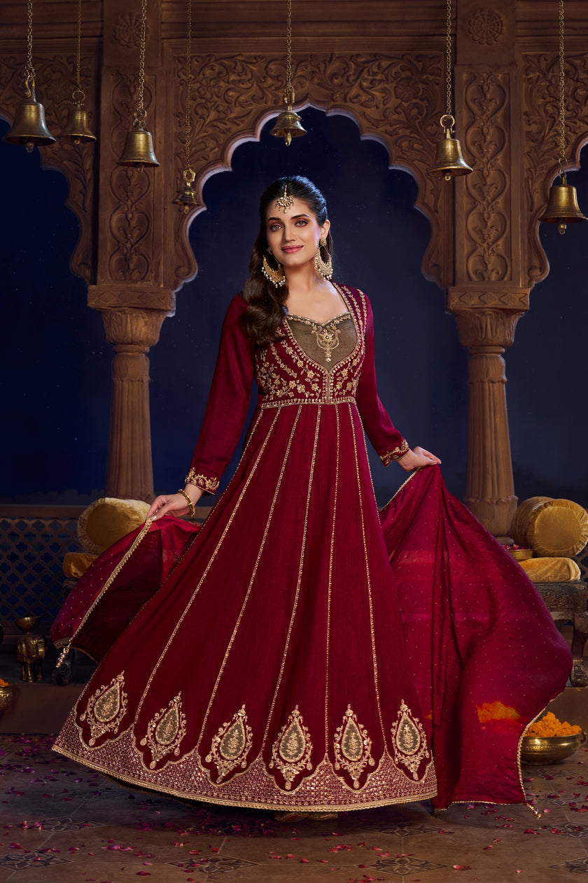 Maroon-brown Heavy Embroiderey Anarkali Designer Dupatta Suit