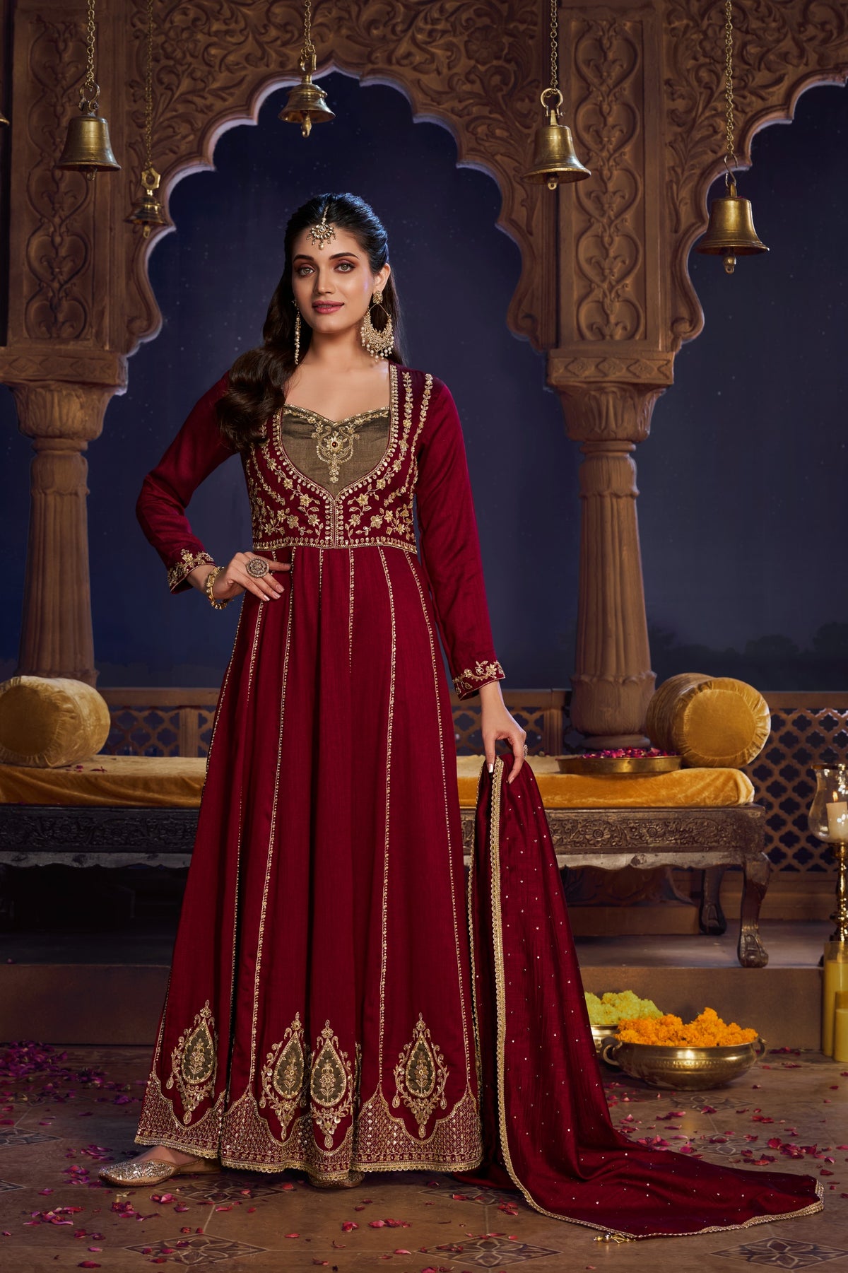 Maroon-brown Heavy Embroiderey Anarkali Designer Dupatta Suit