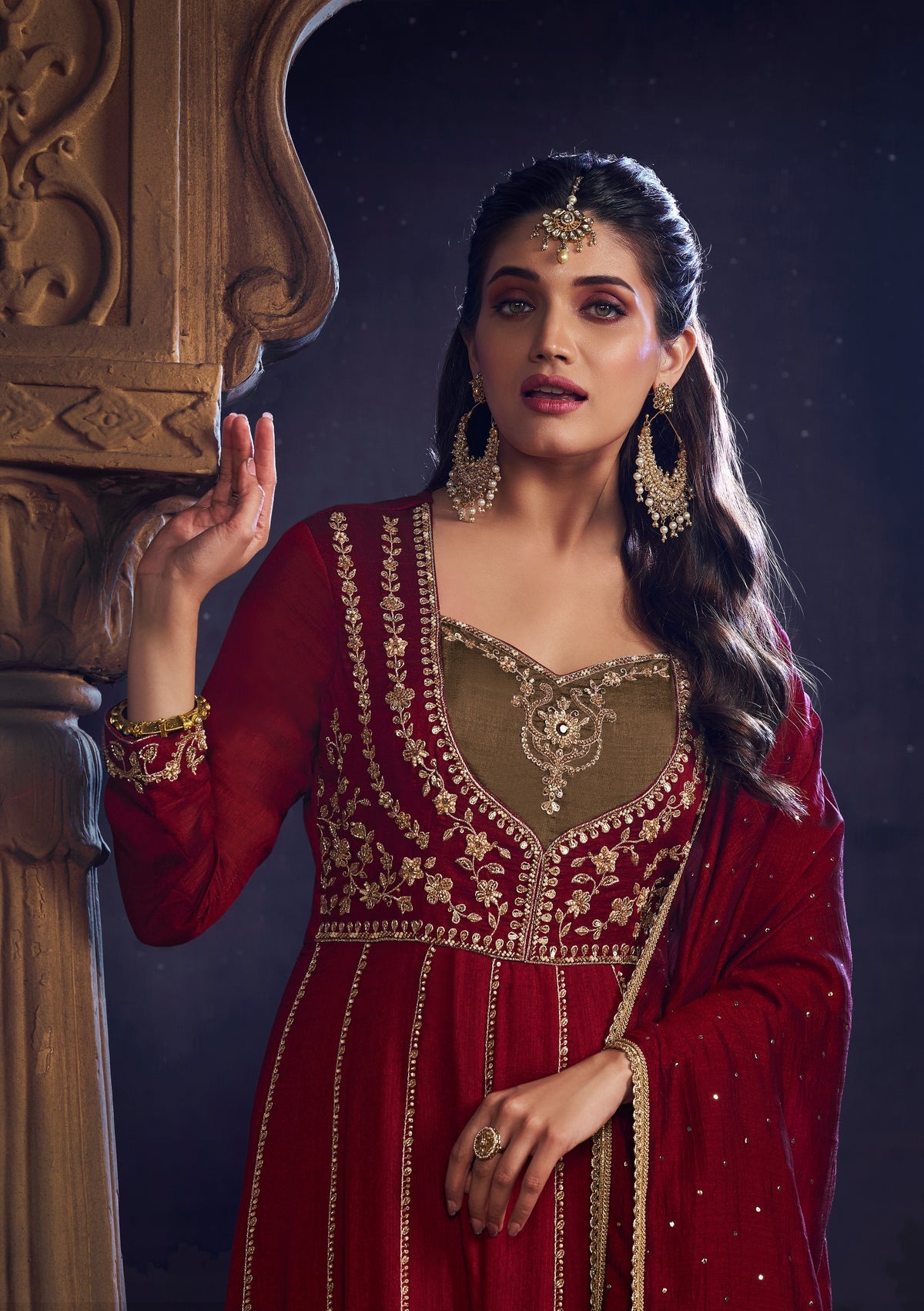 Maroon-brown Heavy Embroiderey Anarkali Designer Dupatta Suit