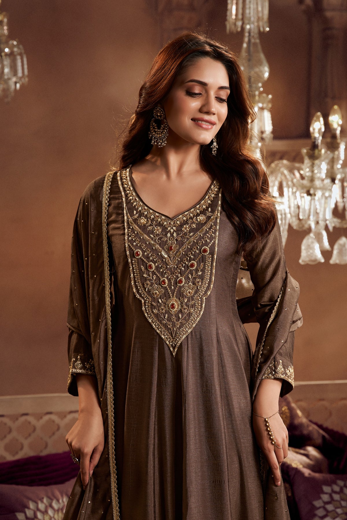 Brown Embroidered Anarkali Dupatta Suit