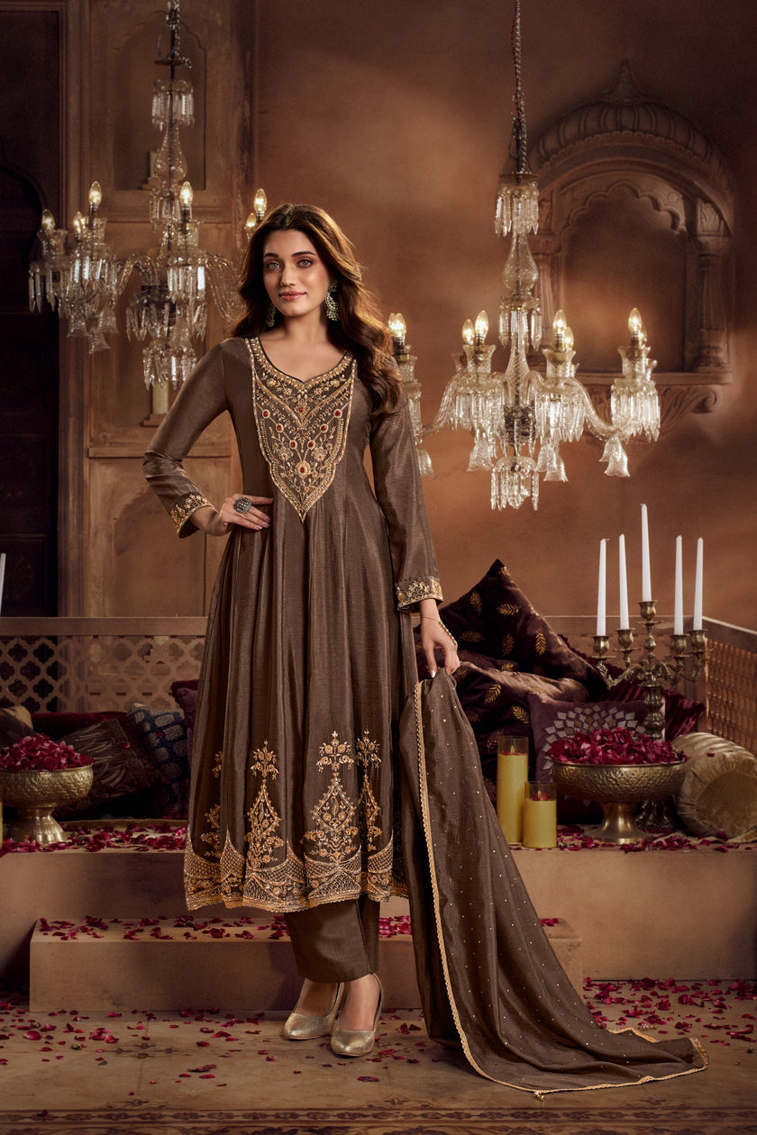 Brown Embroidered Anarkali Dupatta Suit
