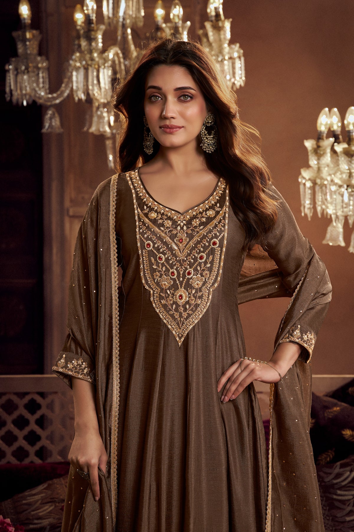 Brown Embroidered Anarkali Dupatta Suit