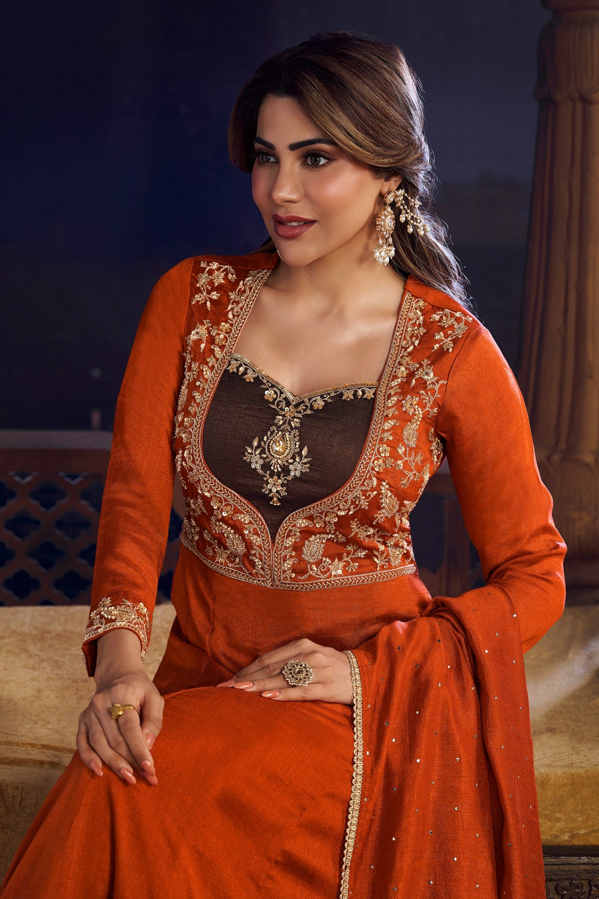 Rust-brown Heavy Embroiderey Anarkali Designer Dupatta Suit