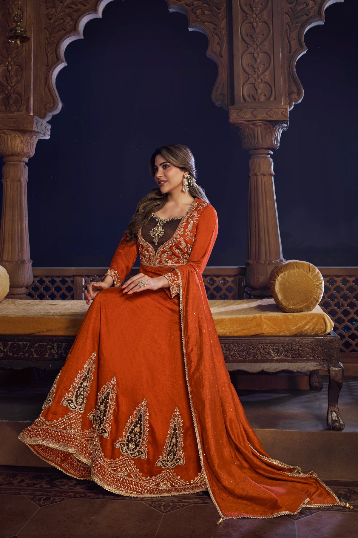 Rust-brown Heavy Embroiderey Anarkali Designer Dupatta Suit