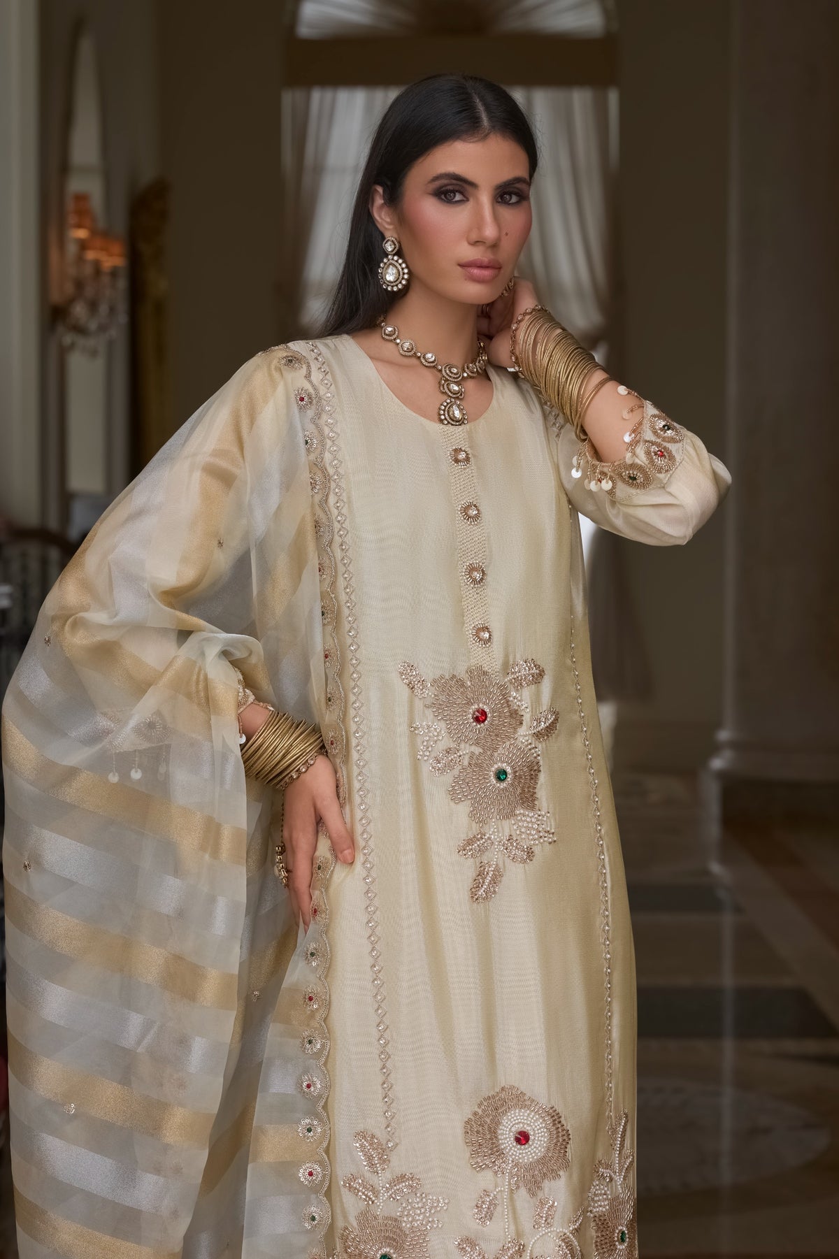 Ivory Pearl Handwork Tissue Dupatta Suit