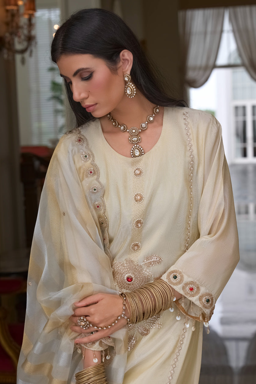 Ivory Pearl Handwork Tissue Dupatta Suit