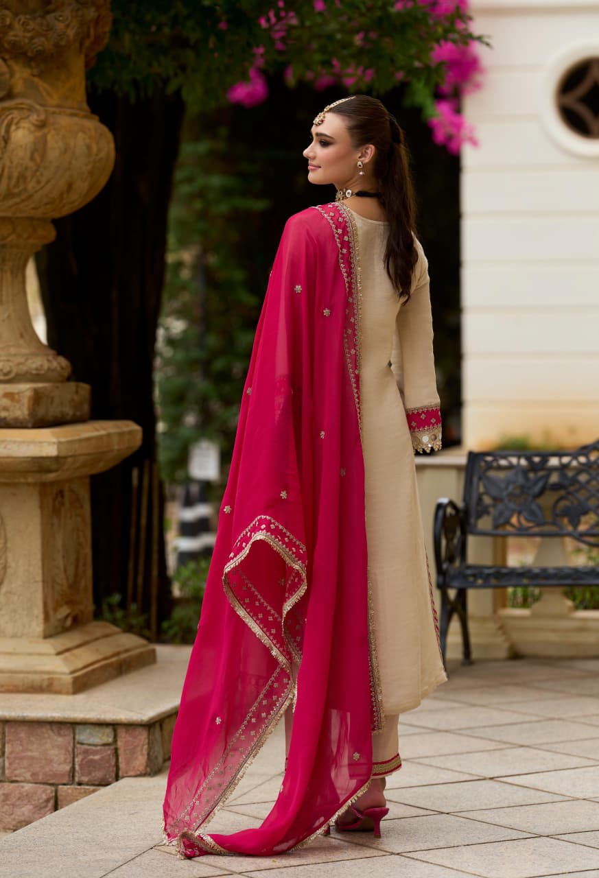 Cream With Pink-Silver Embroidery with Contrast Dupatta Suit