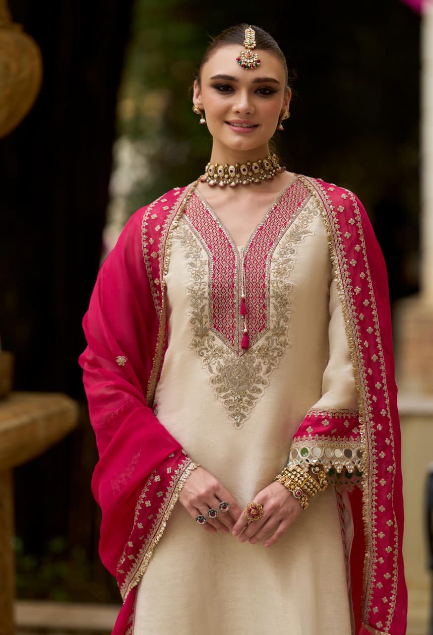Cream With Pink-Silver Embroidery with Contrast Dupatta Suit