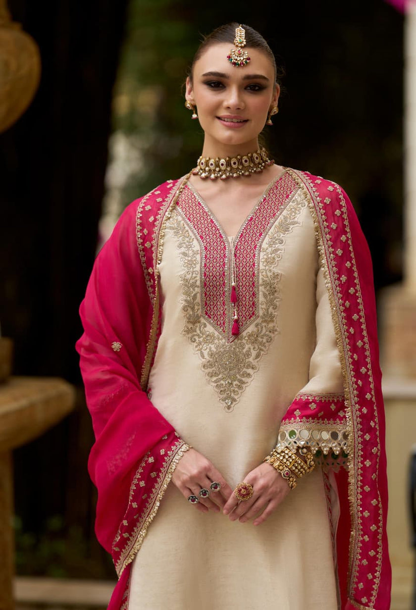 Cream With Pink-Silver Embroidery with Contrast Dupatta Suit