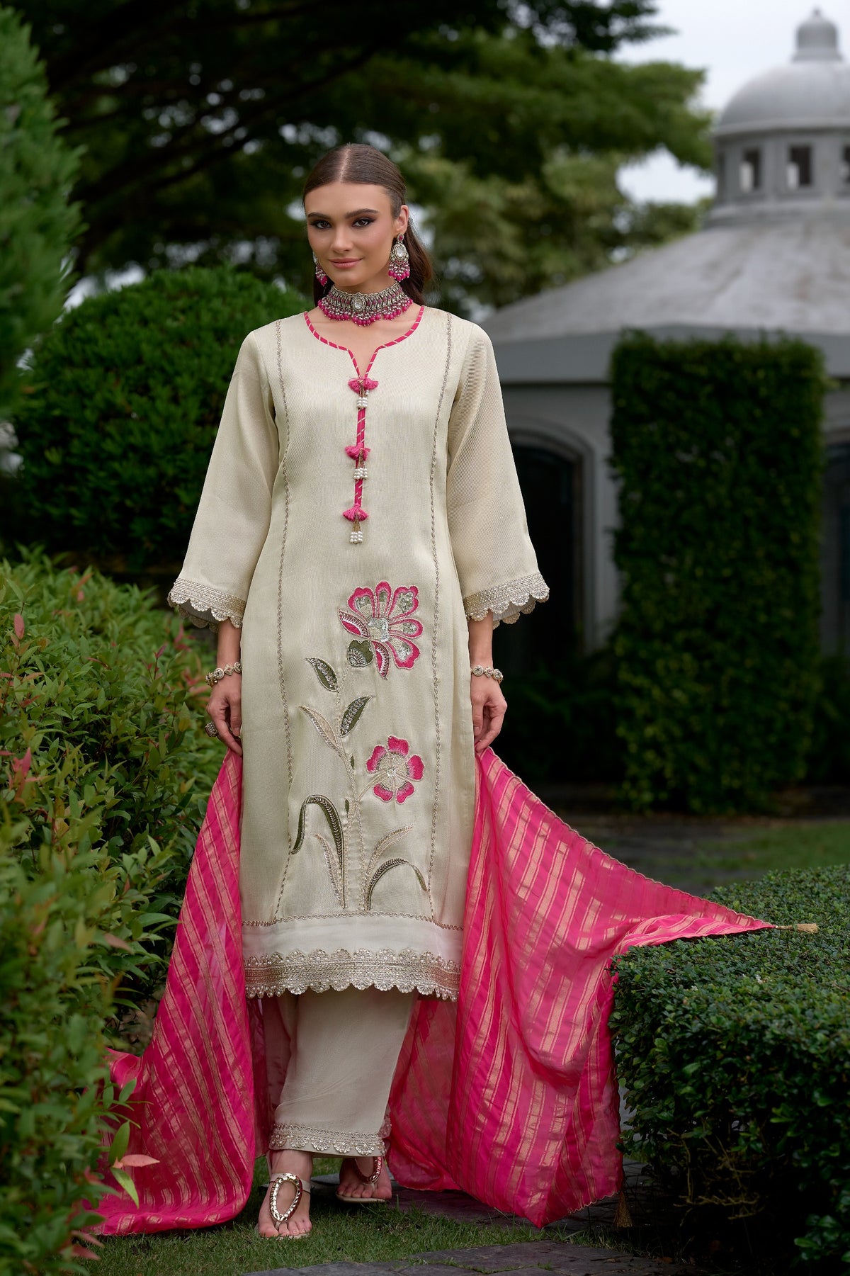 Cream Floral Embroidered Pink Dupatta Suit