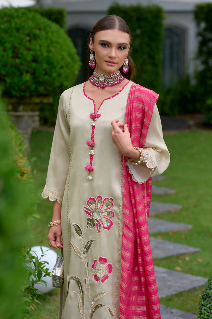 Cream Floral Embroidered Pink Dupatta Suit