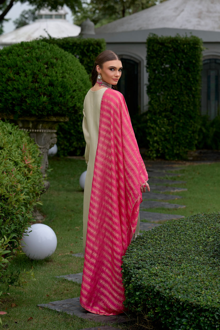 Cream Floral Embroidered Pink Dupatta Suit