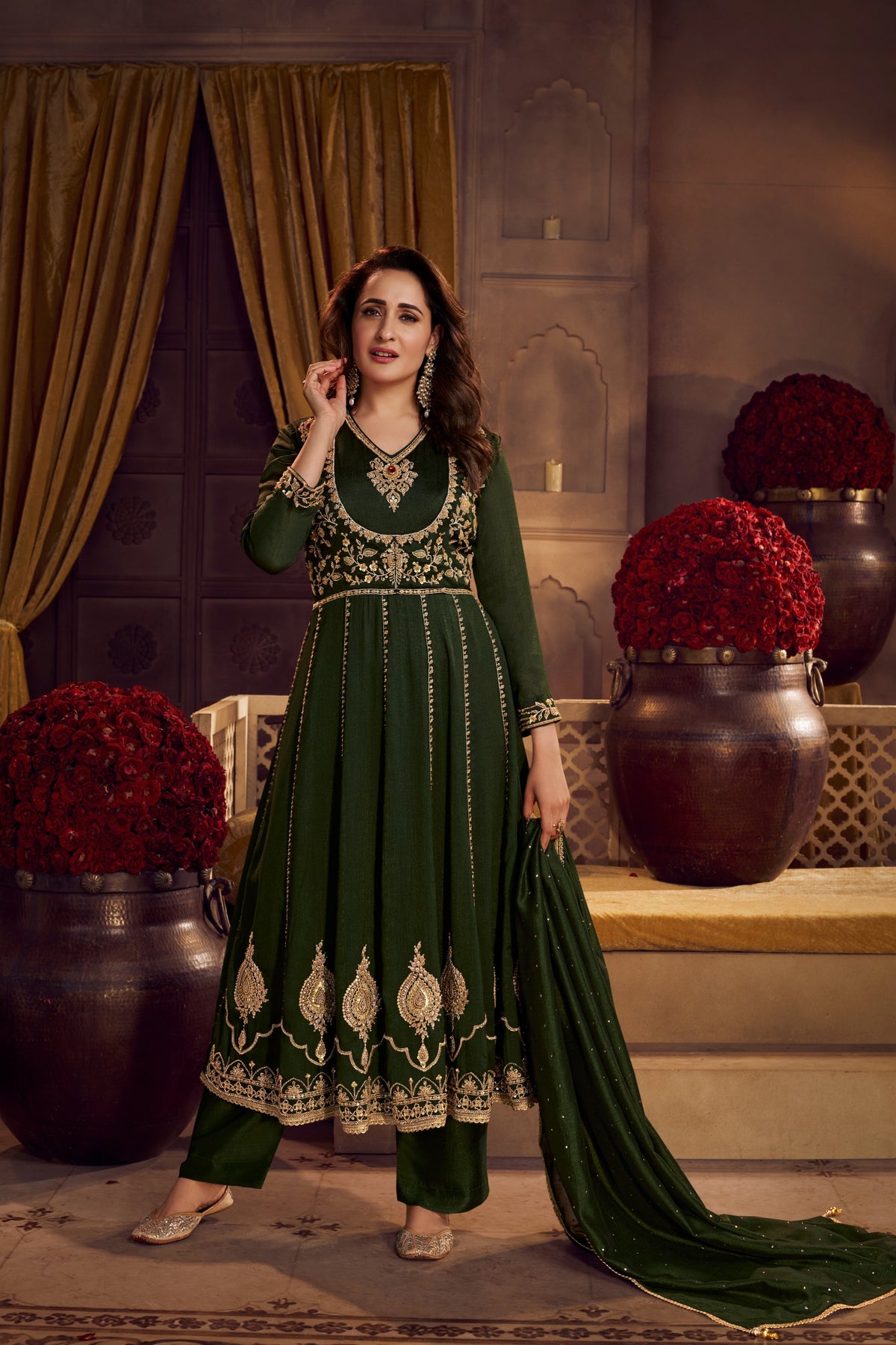 Green Embroidered Sequin Anarkali Dupatta Suit