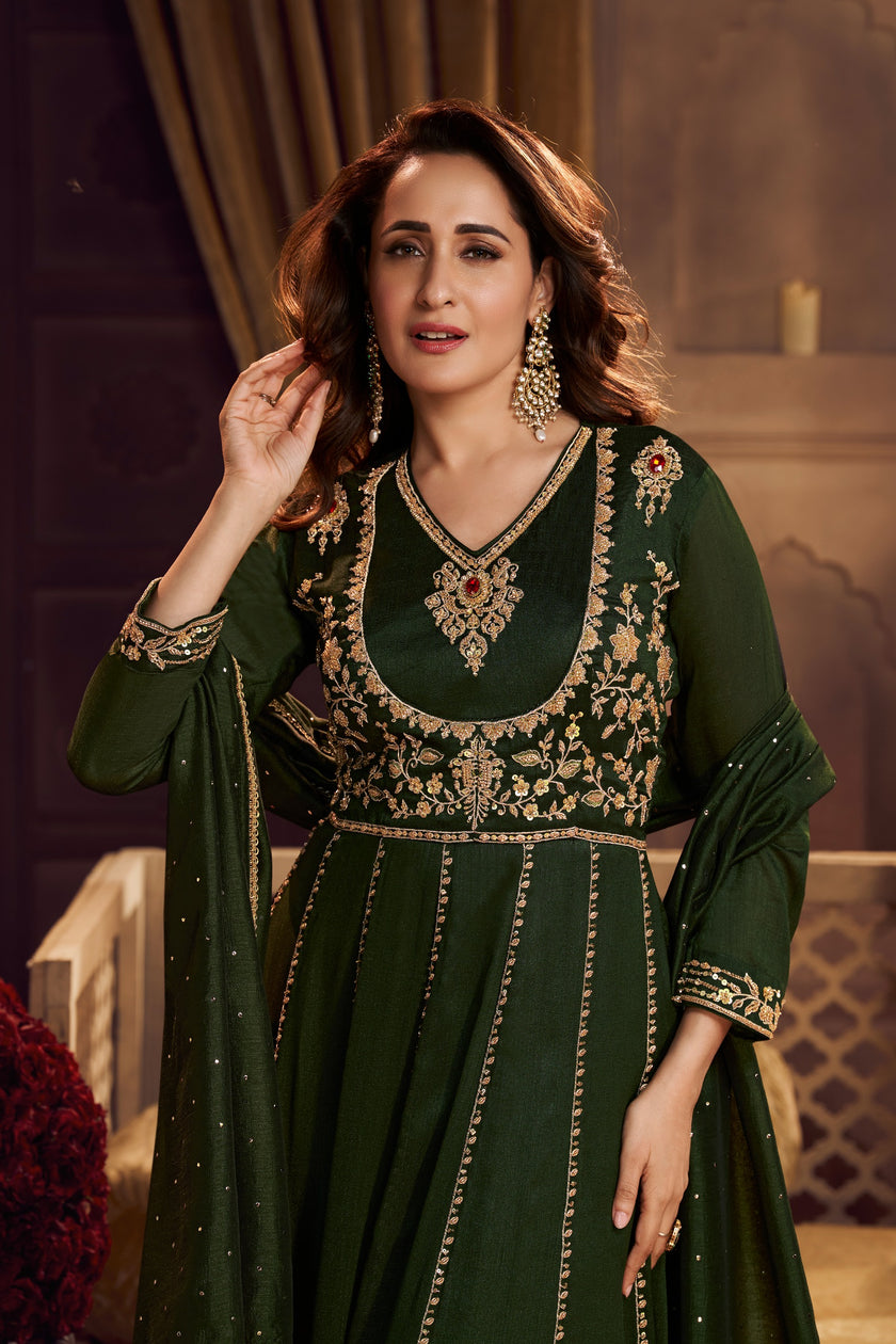 Green Embroidered Sequin Anarkali Dupatta Suit