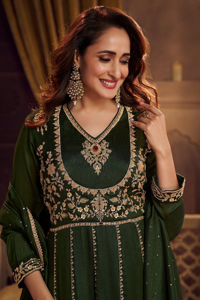 Green Embroidered Sequin Anarkali Dupatta Suit