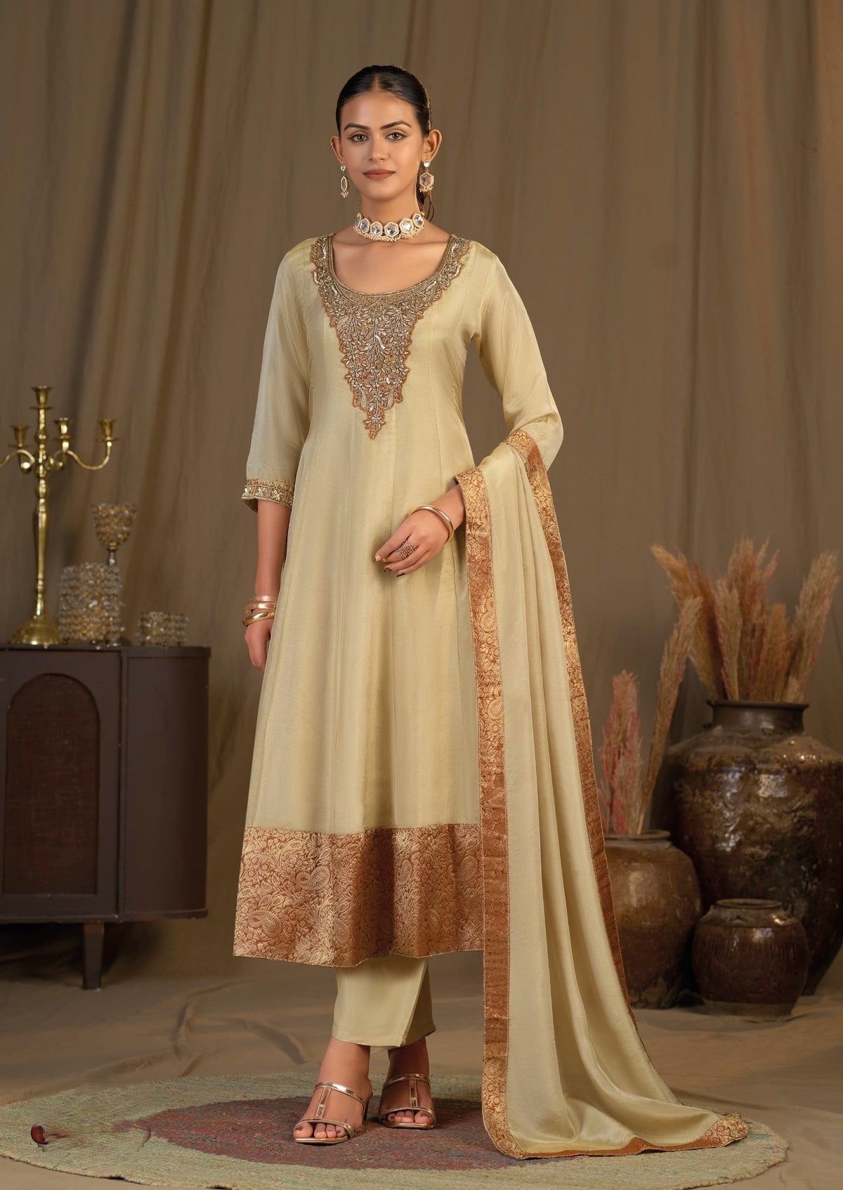 Ivory Ornate Neckline Broad Bordered Anarkali Designer Dupatta Suit