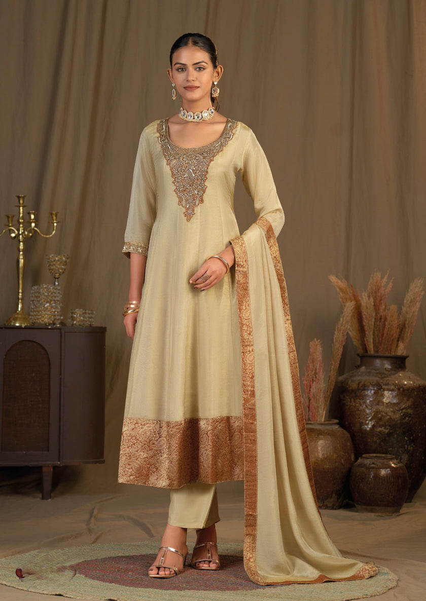 Ivory Ornate Neckline Broad Bordered Anarkali Designer Dupatta Suit