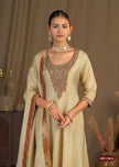 Ivory Ornate Neckline Broad Bordered Anarkali Designer Dupatta Suit