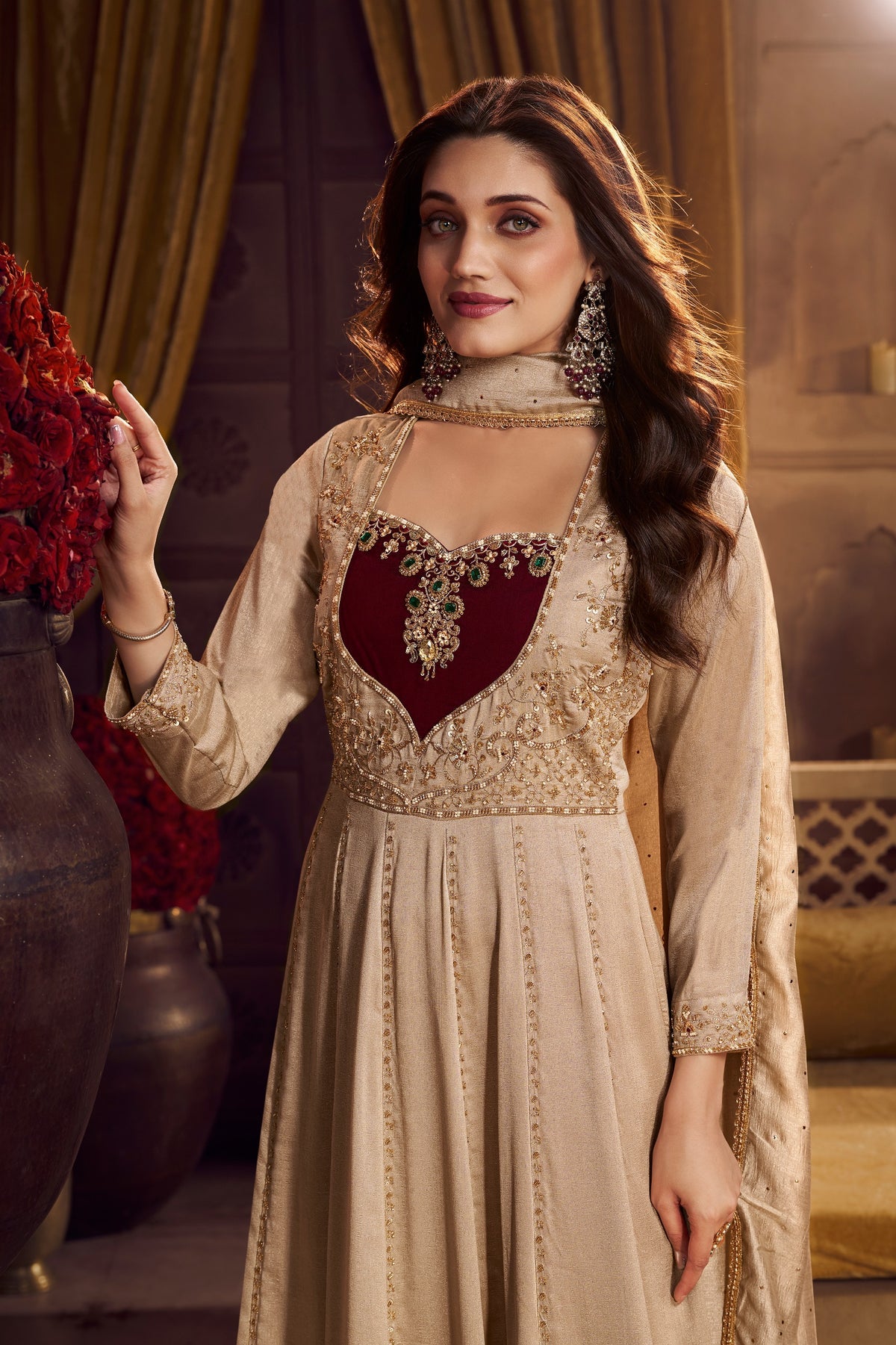 Cream-maroon Heavy Embroiderey Anarkali Designer Dupatta Suit