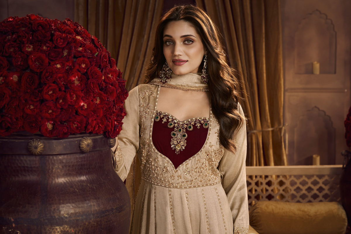Cream-maroon Heavy Embroiderey Anarkali Designer Dupatta Suit
