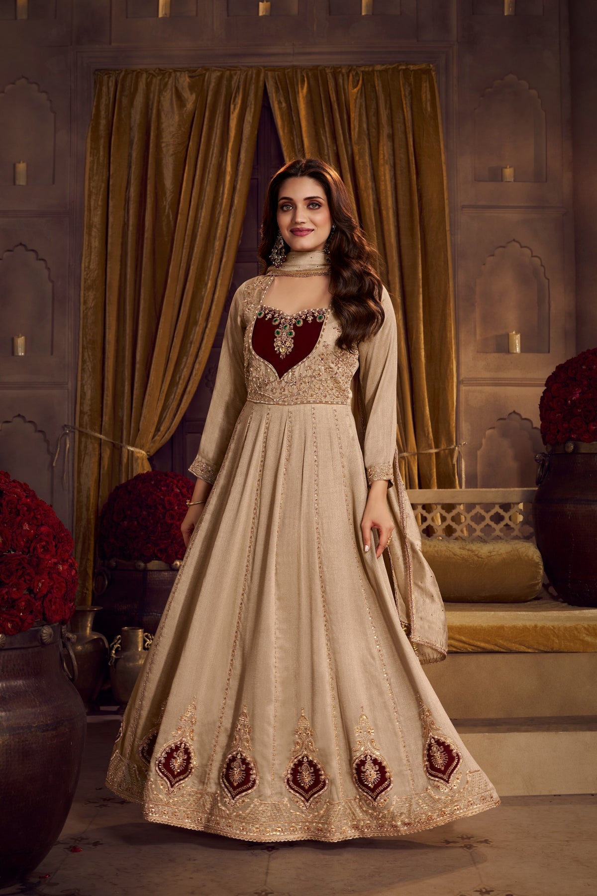 Cream-maroon Heavy Embroiderey Anarkali Designer Dupatta Suit