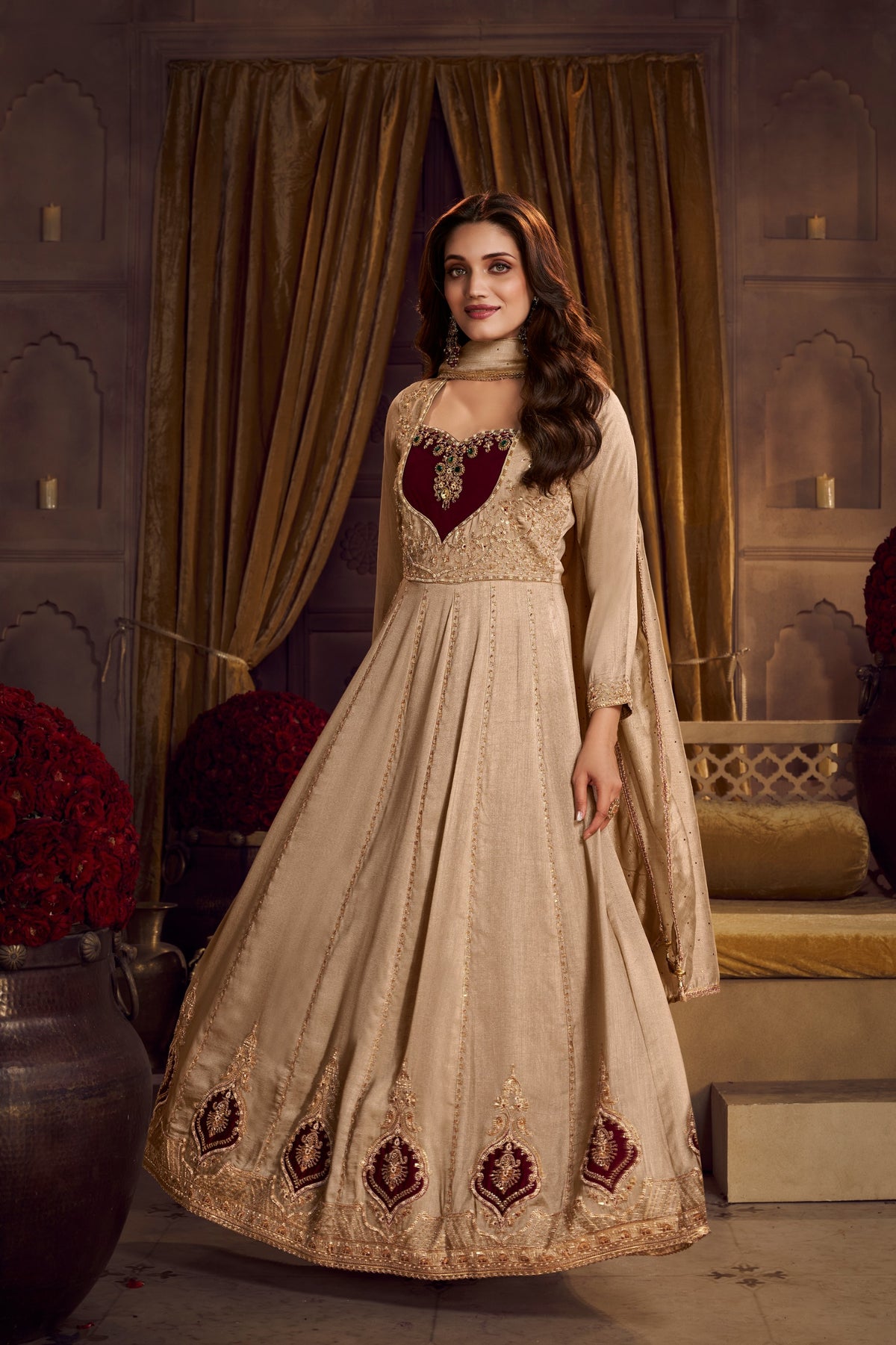 Cream-maroon Heavy Embroiderey Anarkali Designer Dupatta Suit