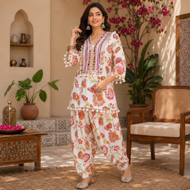 White Peacock Mirror Work Farshi Salwar Set for Women