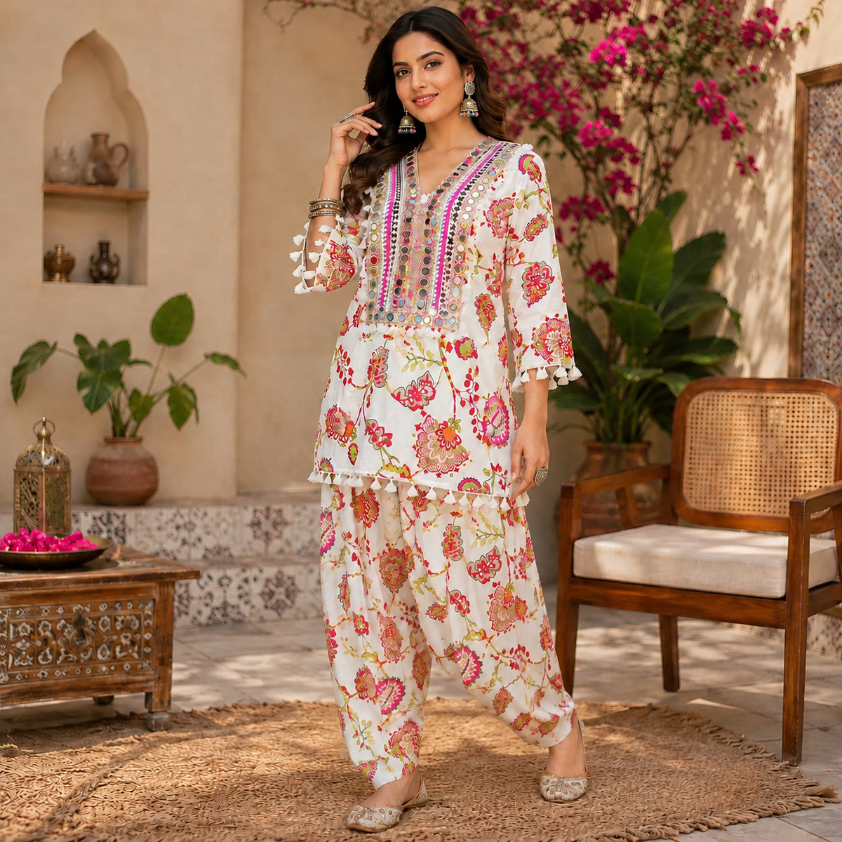 White Peacock Mirror Work Farshi Salwar Set for Women