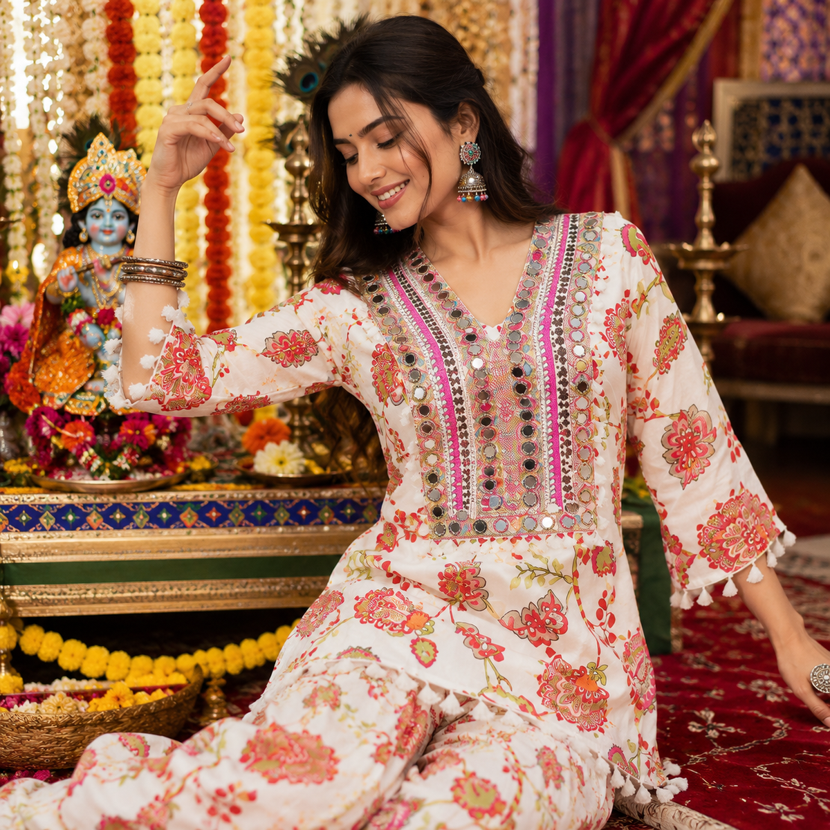 White Peacock Mirror Work Farshi Salwar Set for Women