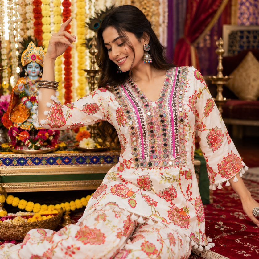 White Peacock Mirror Work Farshi Salwar Set for Women