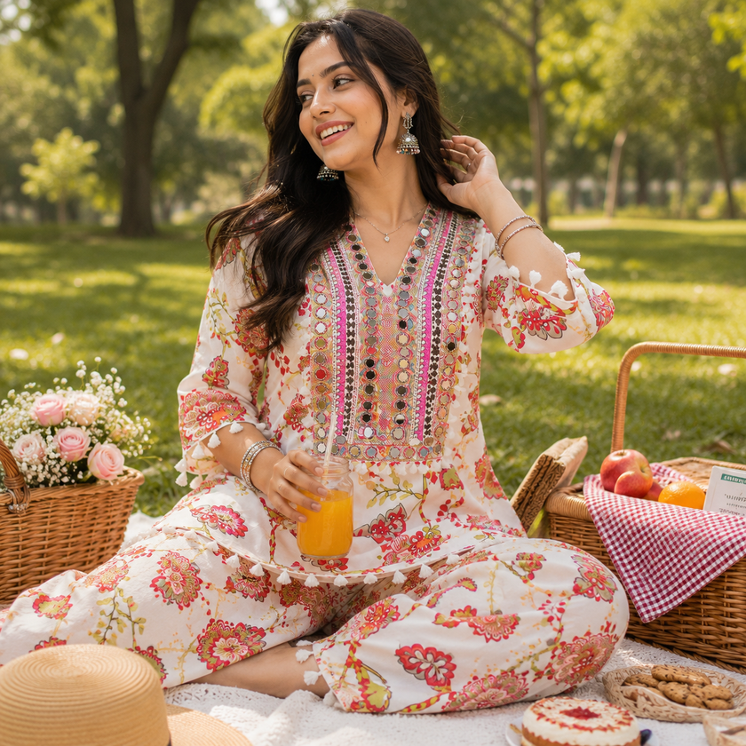 White Peacock Mirror Work Farshi Salwar Set for Women