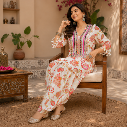White Peacock Mirror Work Farshi Salwar Set for Women