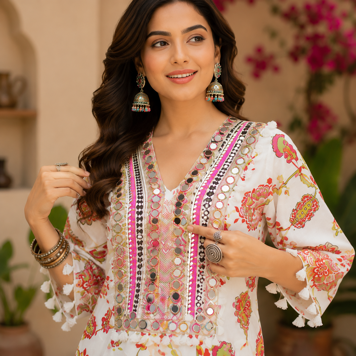 White Peacock Mirror Work Farshi Salwar Set for Women