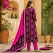 Wine Printed Cotton Dupatta Suit for Women with Kurta and Pants
