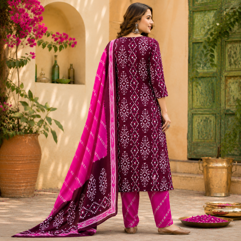 Wine Printed Cotton Dupatta Suit for Women with Kurta and Pants
