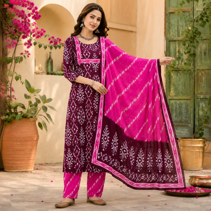 Wine Printed Cotton Dupatta Suit for Women with Kurta and Pants
