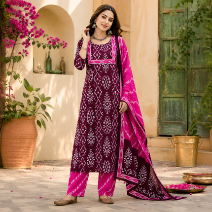 Wine Printed Cotton Dupatta Suit for Women with Kurta and Pants

