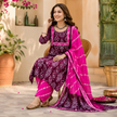 Wine Printed Cotton Dupatta Suit for Women with Kurta and Pants
