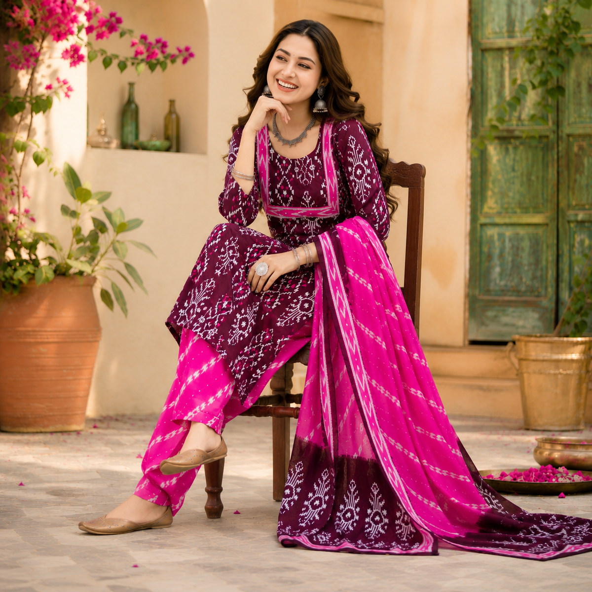 Wine Printed Cotton Dupatta Suit for Women with Kurta and Pants
