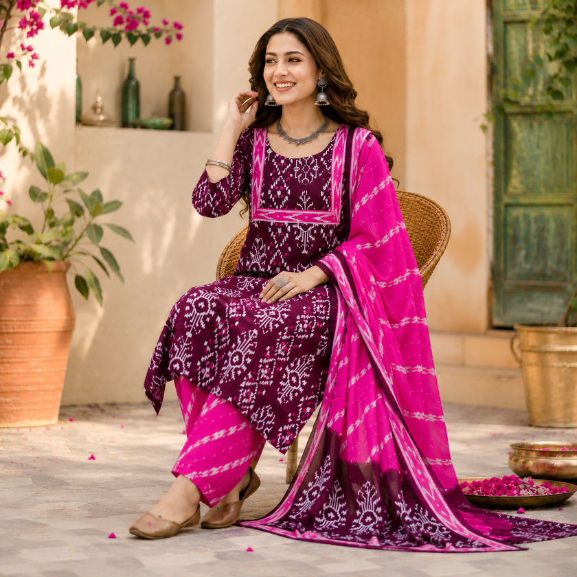 Wine Printed Cotton Dupatta Suit for Women with Kurta and Pants
