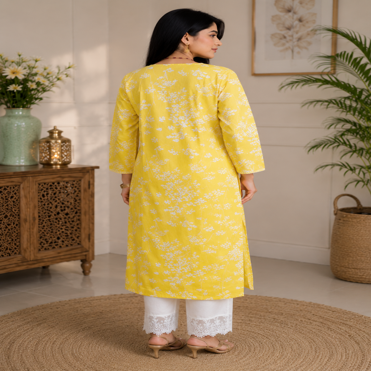 Yellow Chikankari kurta set for women with white floral print and lace palazzo pants