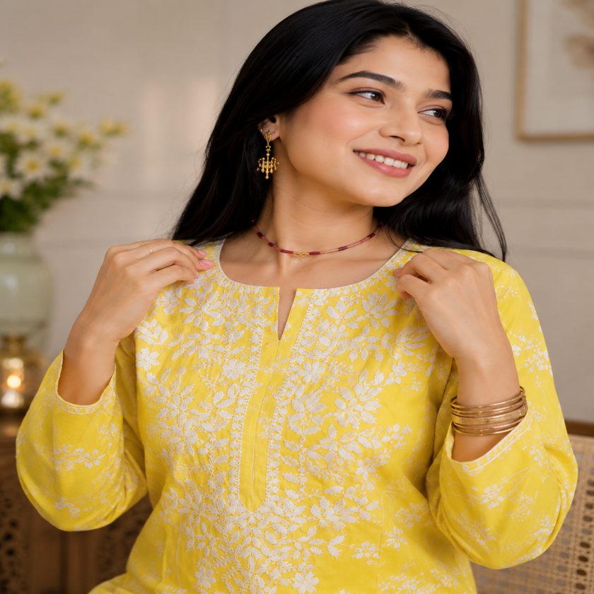 Yellow Chikankari kurta set for women with white floral print and lace palazzo pants