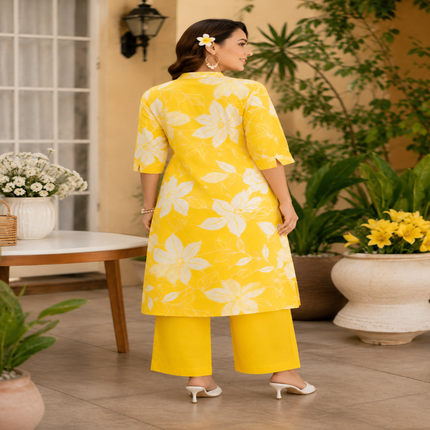 Yellow floral cotton kurta set for women with printed kurta and matching pants