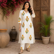White Cotton Yellow Floral Kurta Set for Women with Matching Pants
