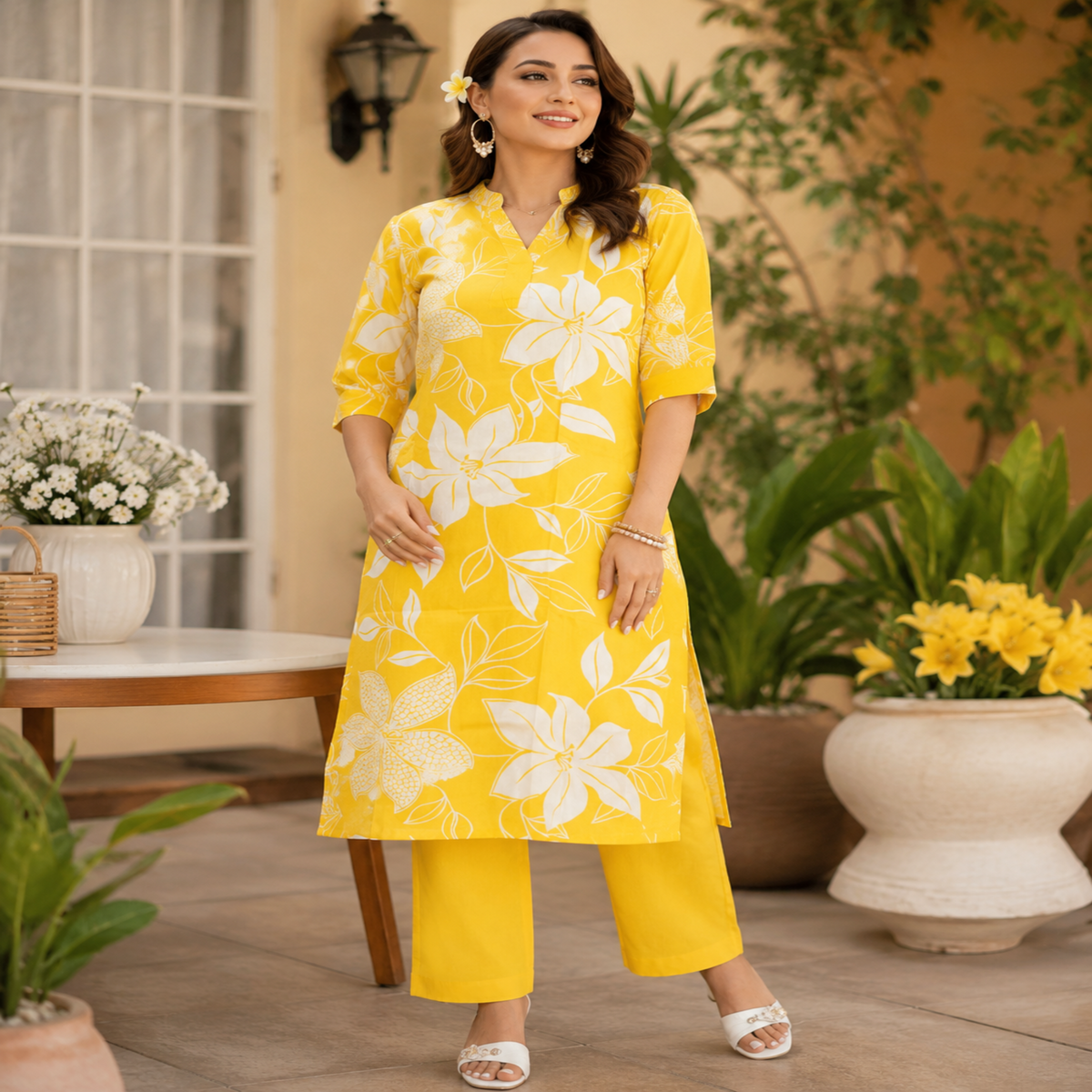 Yellow floral cotton kurta set for women with printed kurta and matching pants