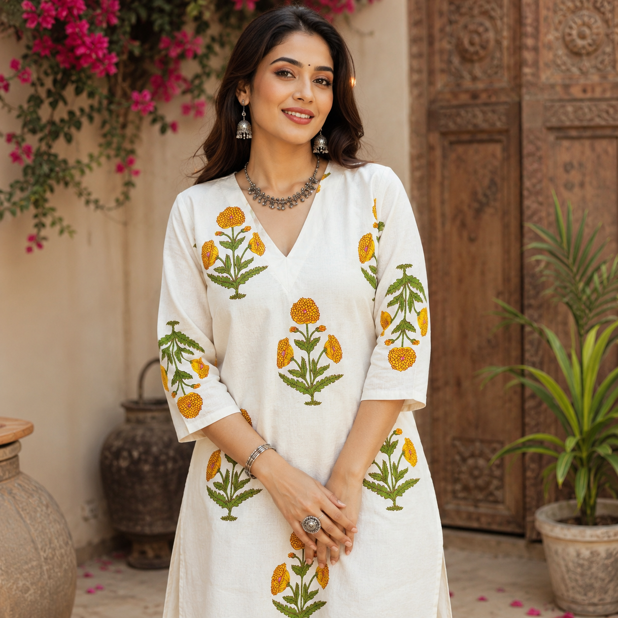 White Cotton Yellow Floral Kurta Set for Women with Matching Pants
