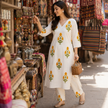 White Cotton Yellow Floral Kurta Set for Women with Matching Pants
