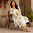White Cotton Yellow Floral Kurta Set for Women with Matching Pants

